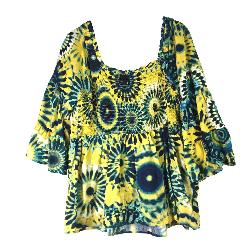 Terra‎ & Sky Yellow Teal Tie Dye Smocked Peplum Top Bell Sleeve 1X 16W-18W